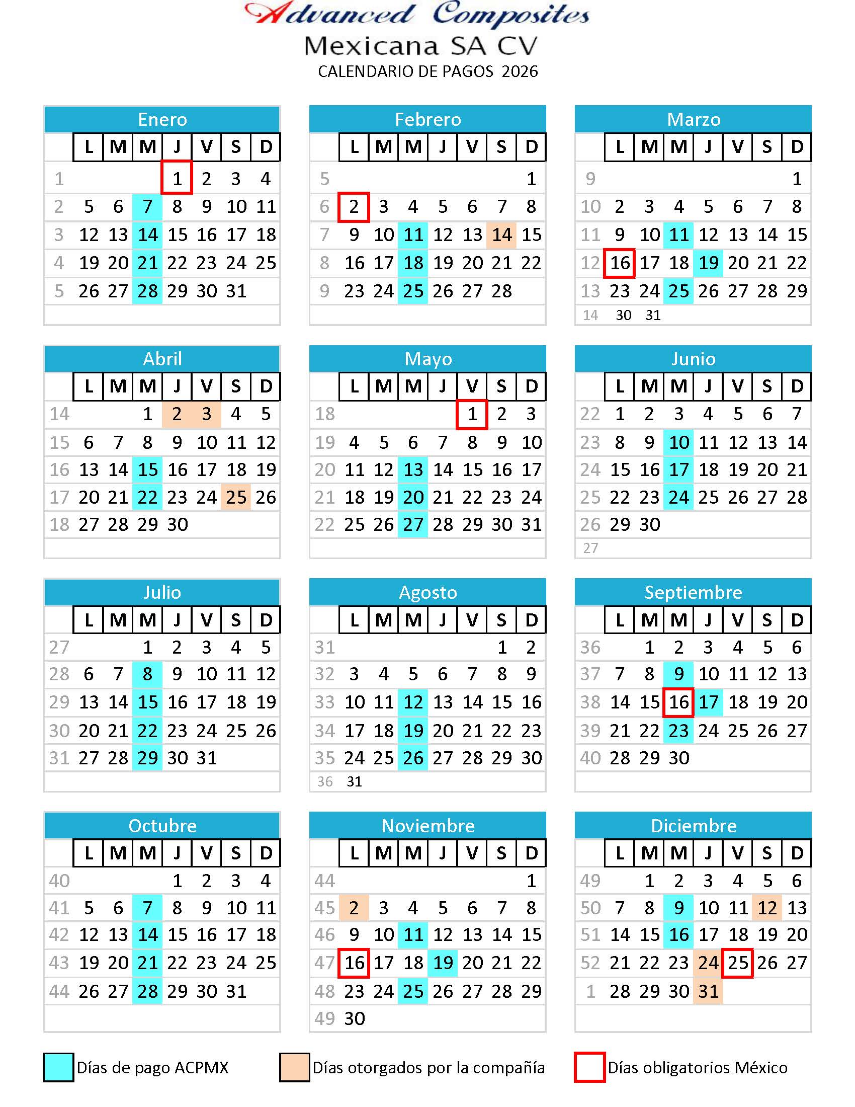 Calendario de Pagos ACPMX 2026