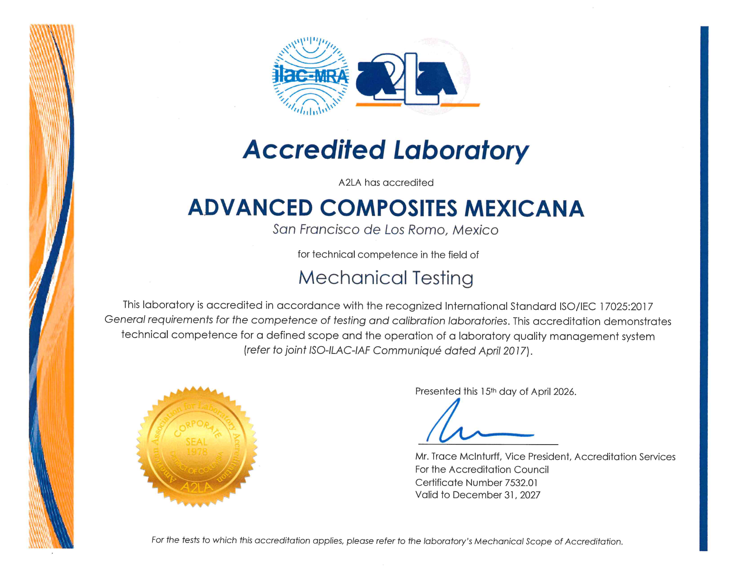 A2LA certificate of accreditation, ISO/IEC 17025:2017